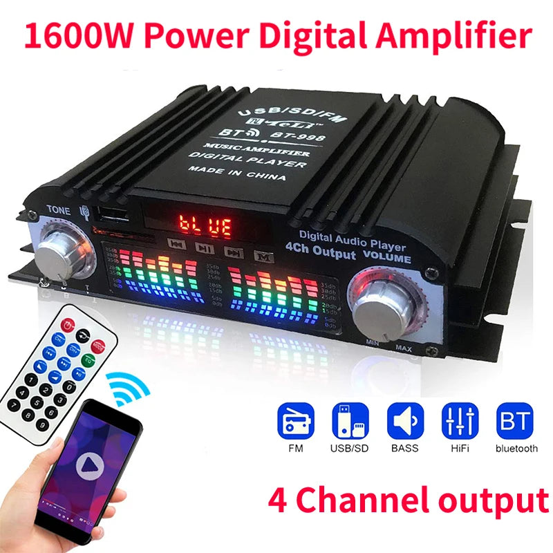 1600W 4-Channel HiFi Audio Amplifier – Bluetooth & Karaoke Support
