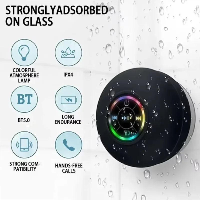 Portable Waterproof Bluetooth Speaker – LED Light & Suction Cup Wall Mount