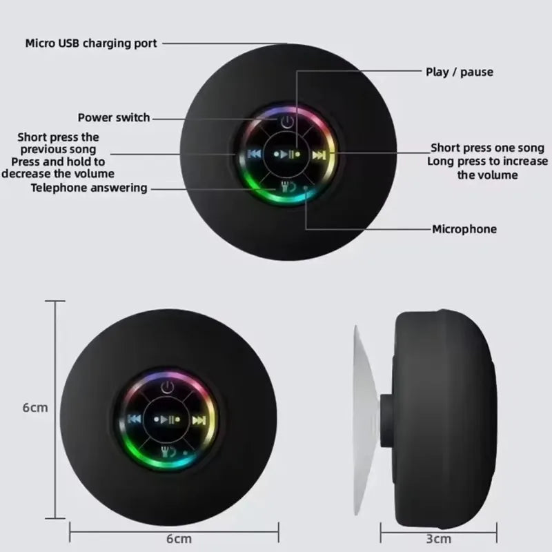 Portable Waterproof Bluetooth Speaker – LED Light & Suction Cup Wall Mount