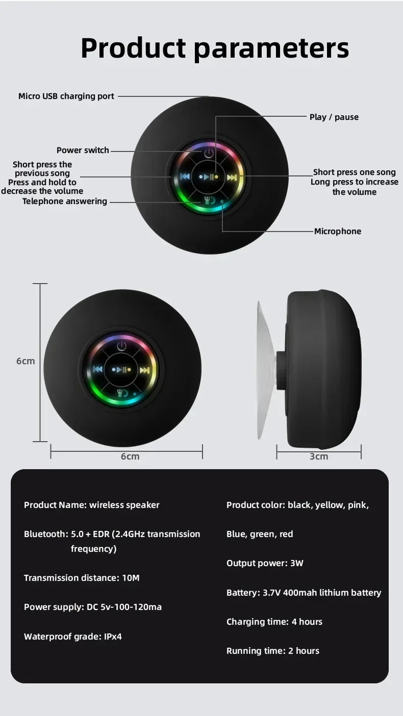 Portable Waterproof Bluetooth Speaker – LED Light & Suction Cup Wall Mount