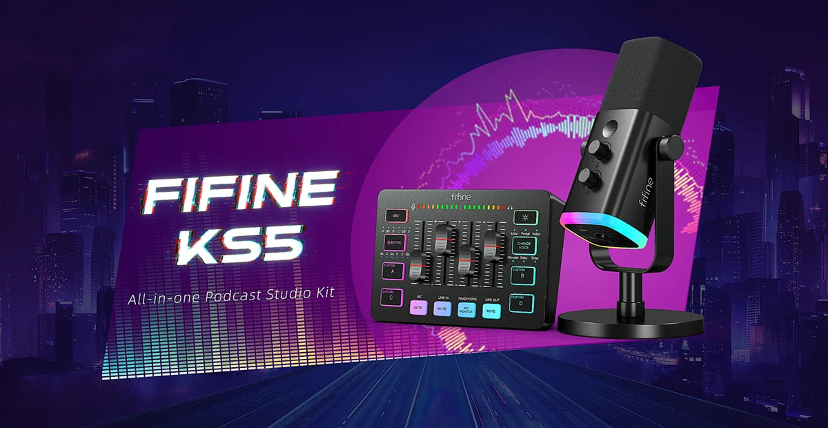 FIFINE Podcast Kit with RGB Mixer & Dynamic Mic