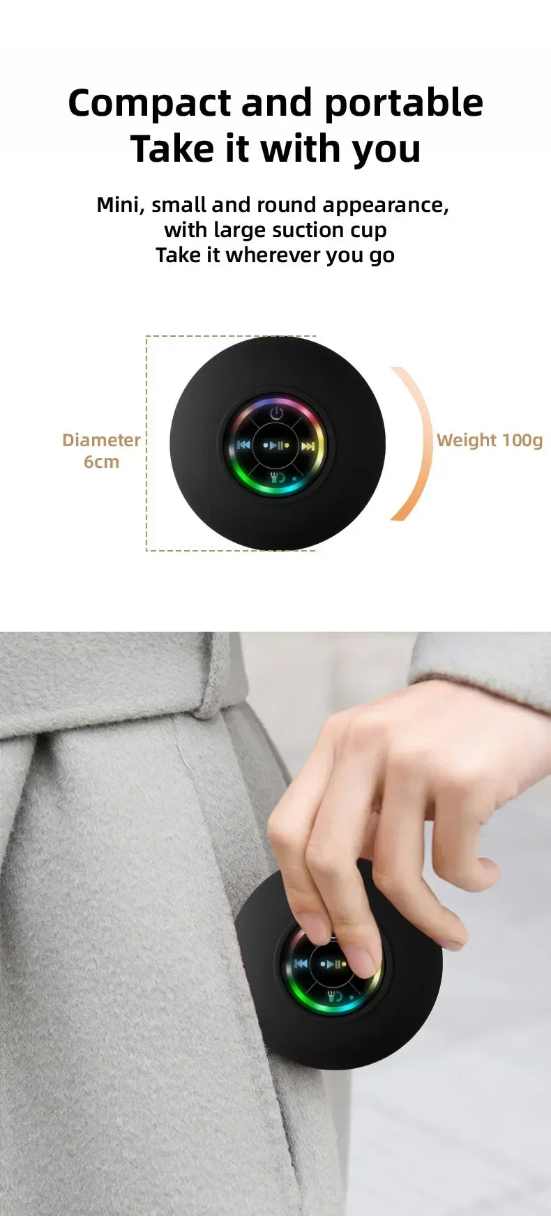 Portable Waterproof Bluetooth Speaker – LED Light & Suction Cup Wall Mount