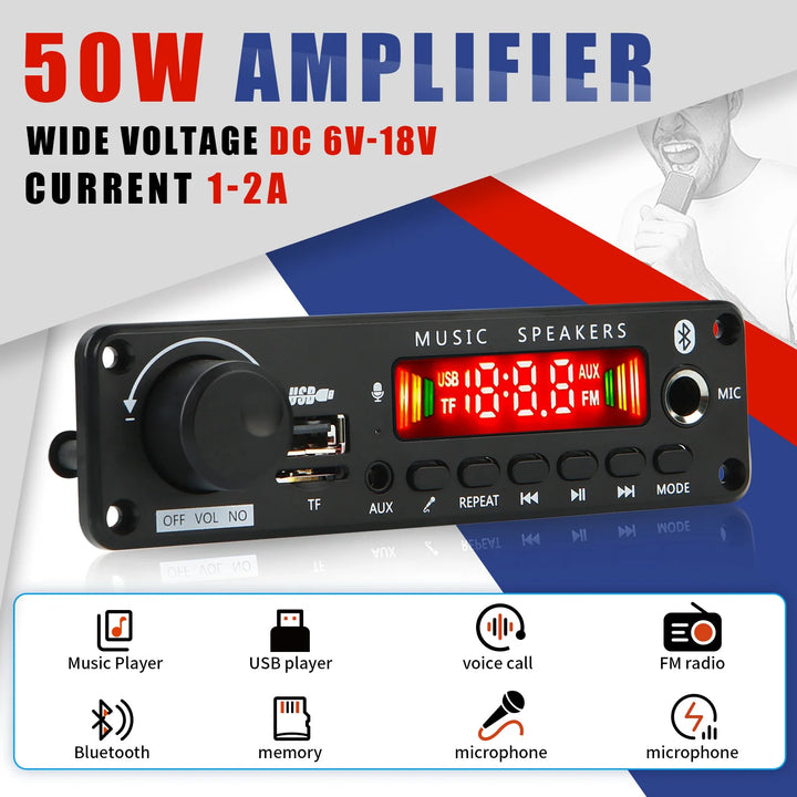 DC 12V 50W Bluetooth 5.0 Amplifier MP3 Decoder Board