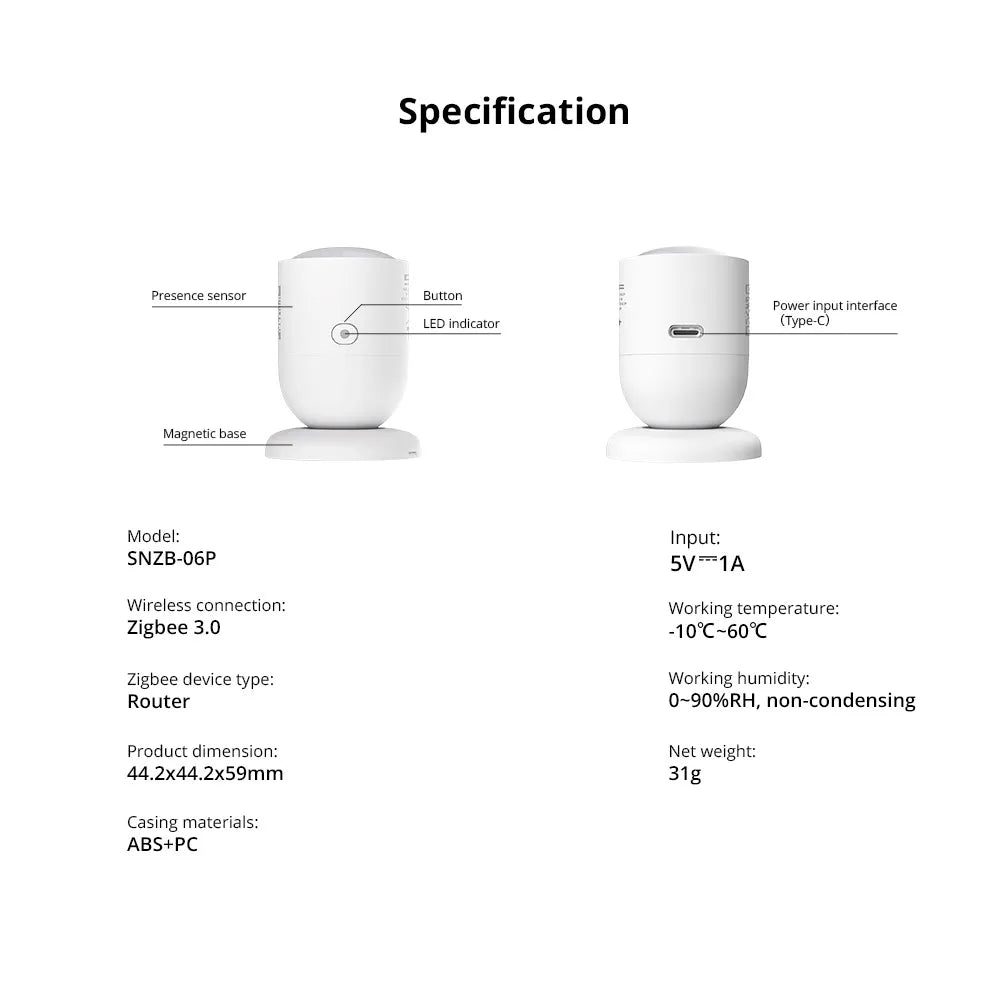 SONOFF SNZB-06P Zigbee Presence Sensor – 5.8GHz Radar Motion Detector