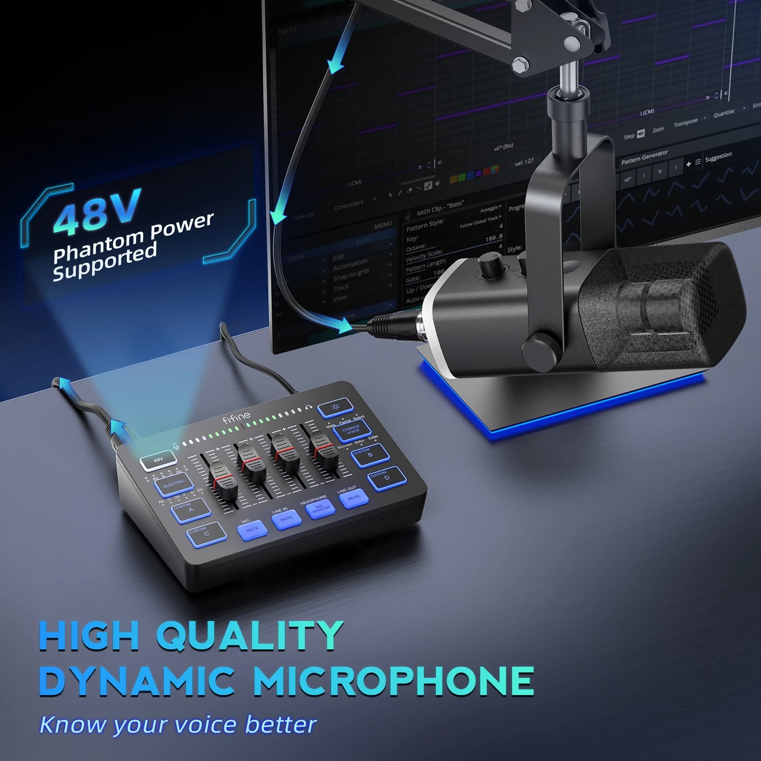 FIFINE Podcast Kit with RGB Mixer & Dynamic Mic