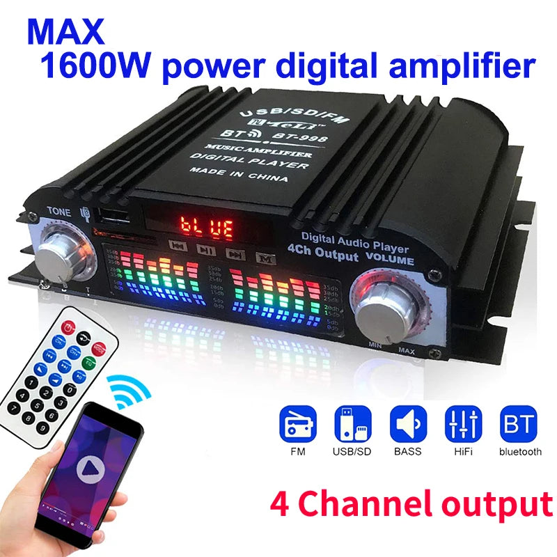 1600W 4-Channel HiFi Audio Amplifier – Bluetooth & Karaoke Support