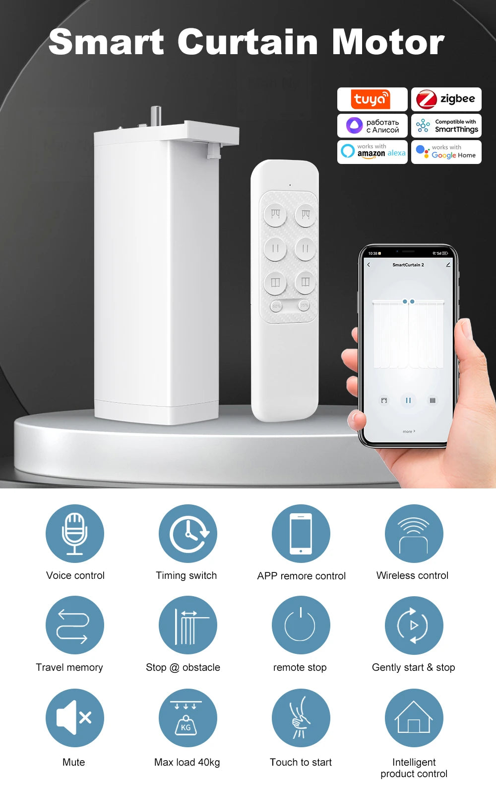 Tuya 155mm ZigBee/WiFi Electric Curtain Motor