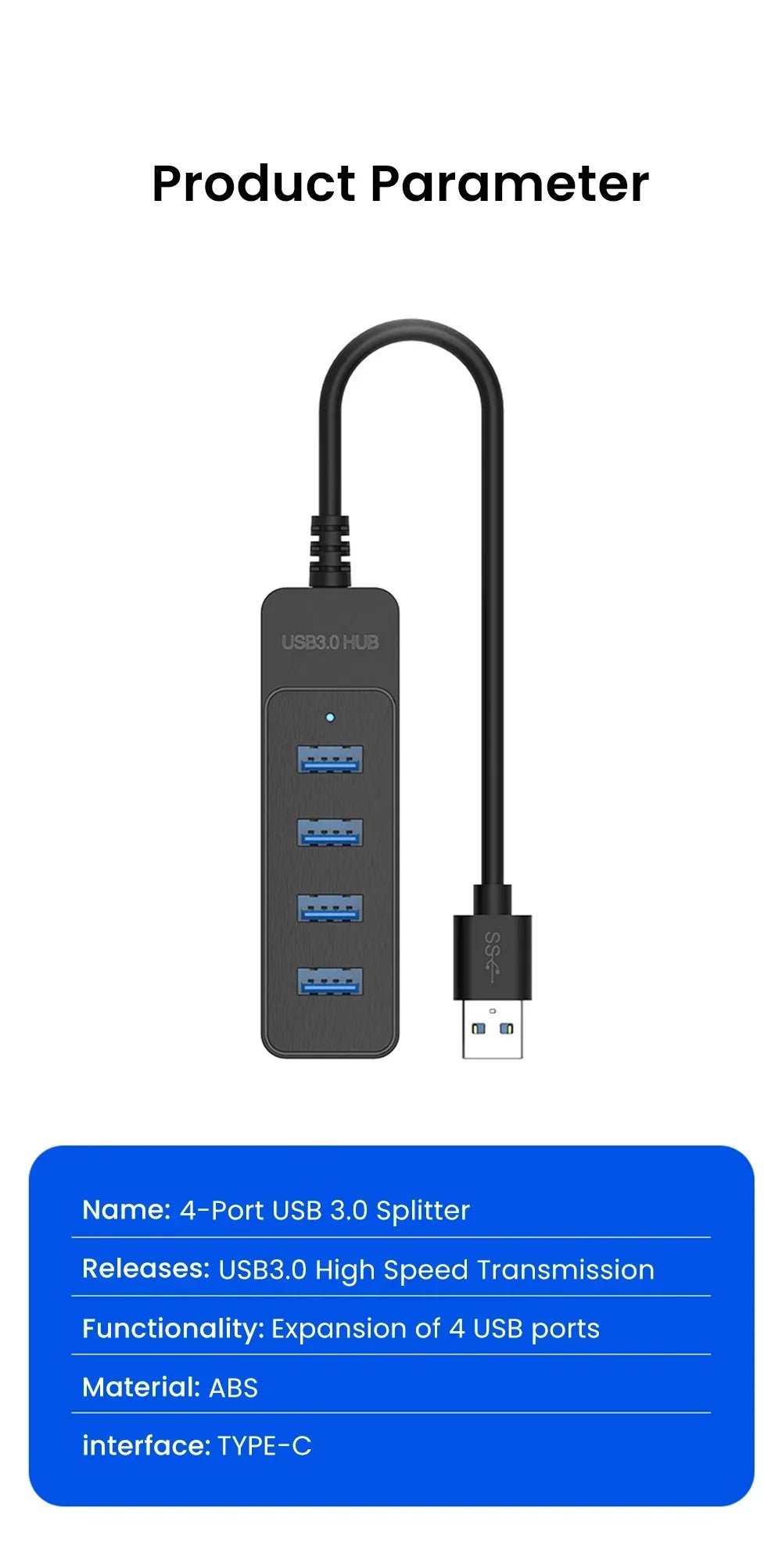 High-Speed 4-Port USB 3.0 & Type-C Hub – Multi-Device Splitter for PC