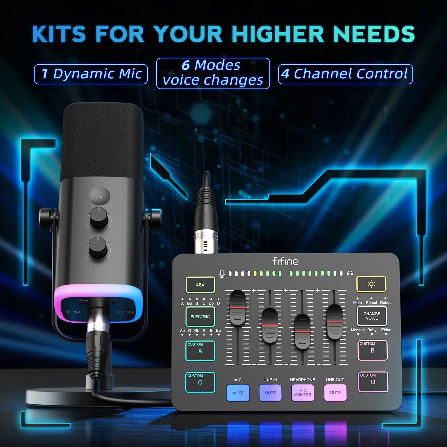 FIFINE Podcast Kit with RGB Mixer & Dynamic Mic