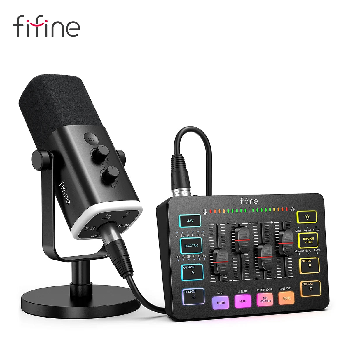 FIFINE Podcast Kit with RGB Mixer & Dynamic Mic