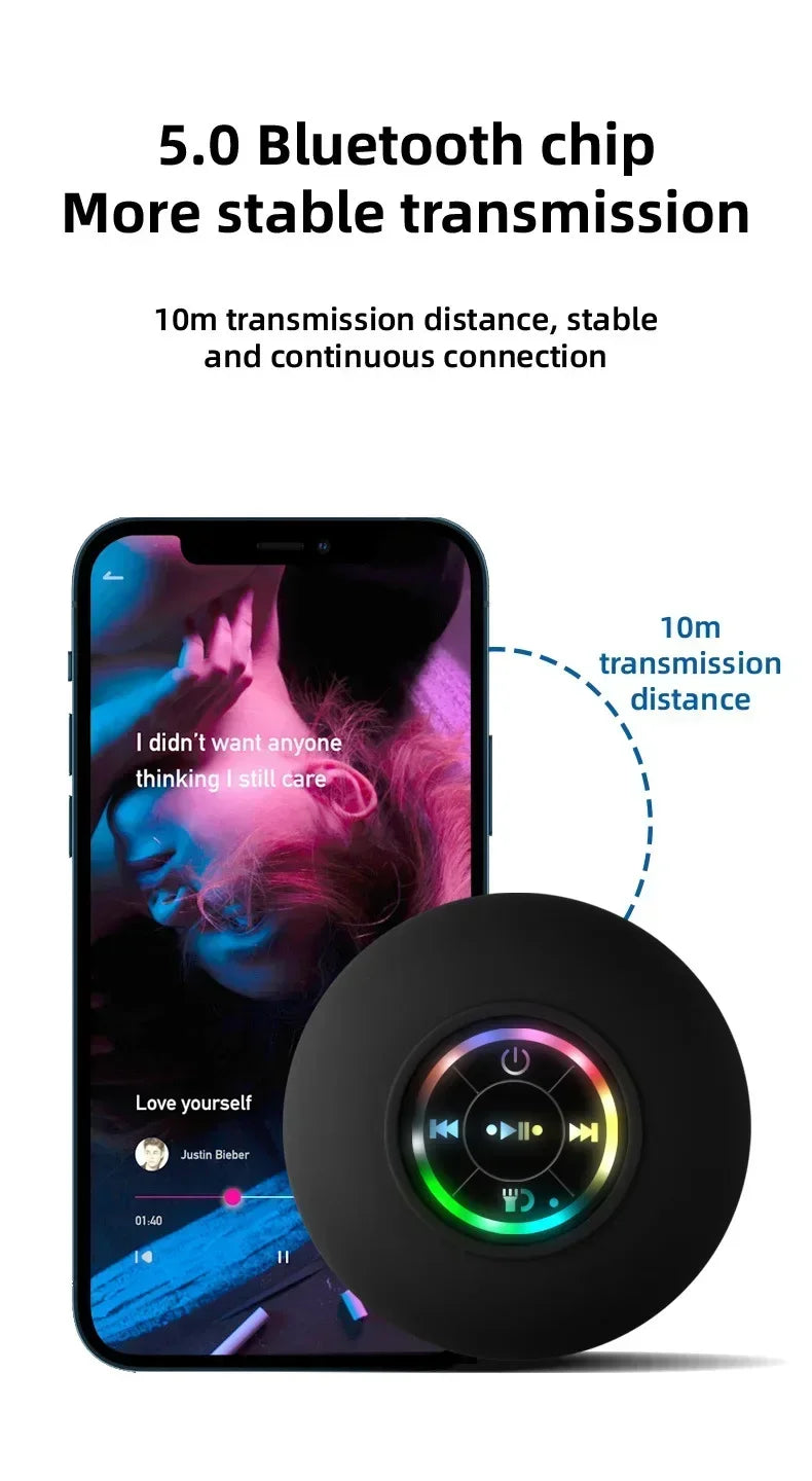 Portable Waterproof Bluetooth Speaker – LED Light & Suction Cup Wall Mount