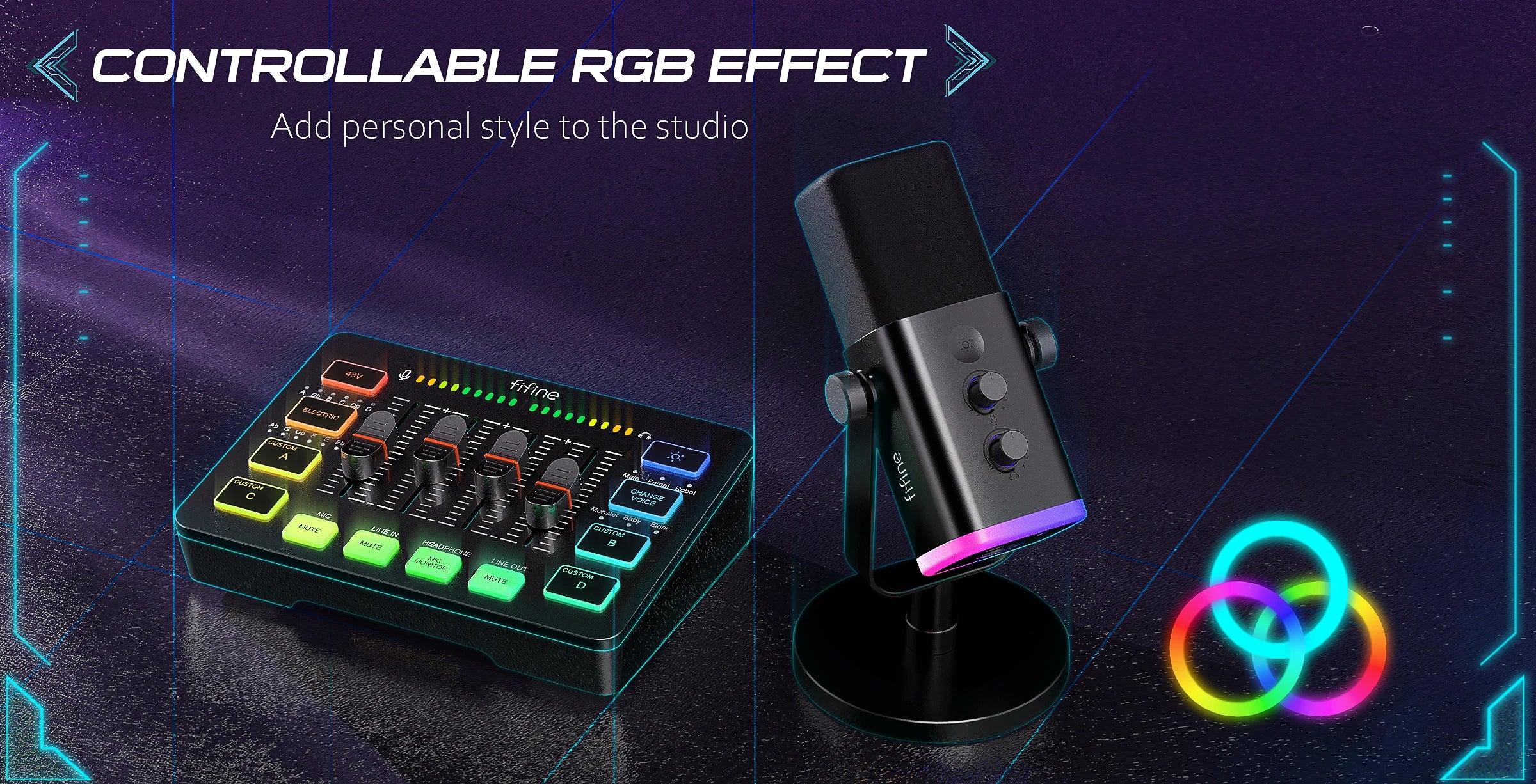 FIFINE Podcast Kit with RGB Mixer & Dynamic Mic