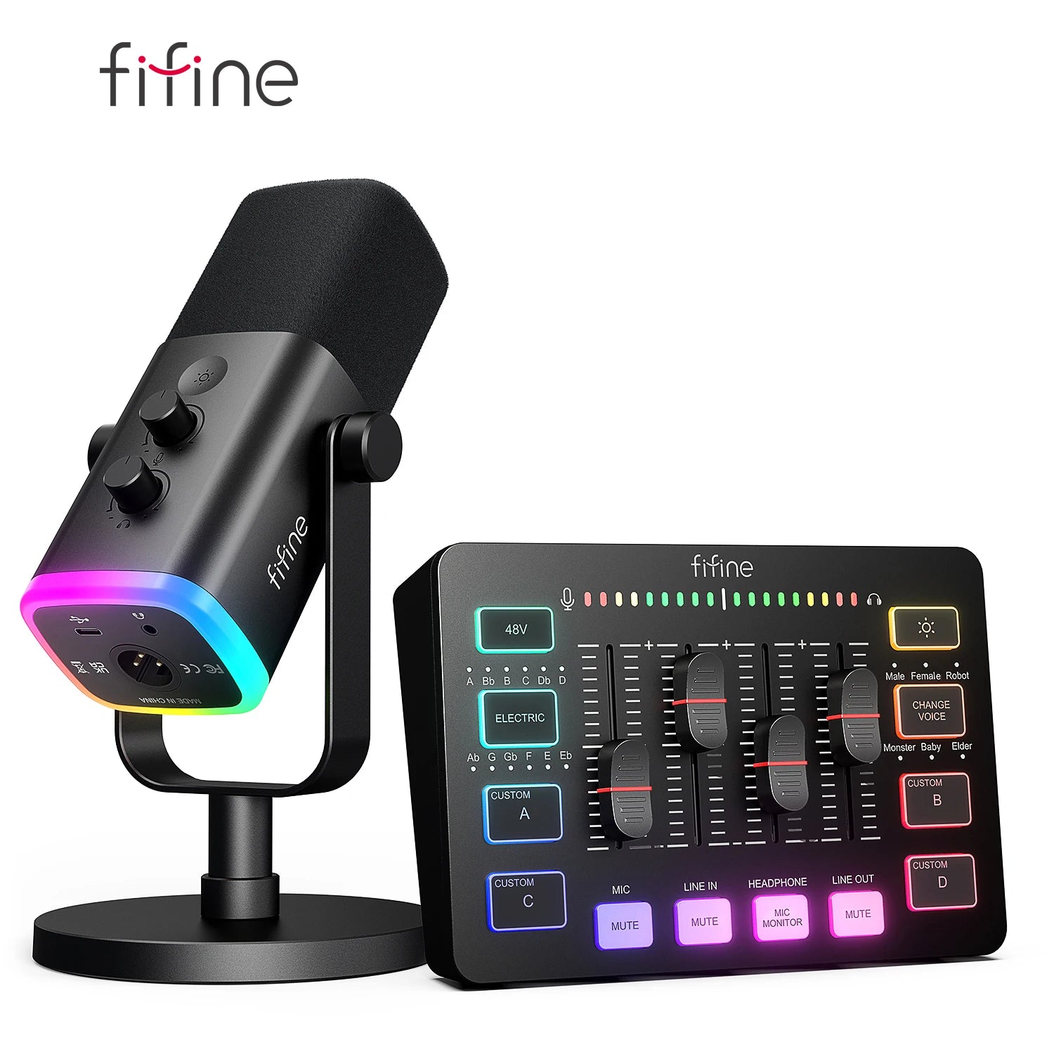 FIFINE Podcast Kit with RGB Mixer & Dynamic Mic